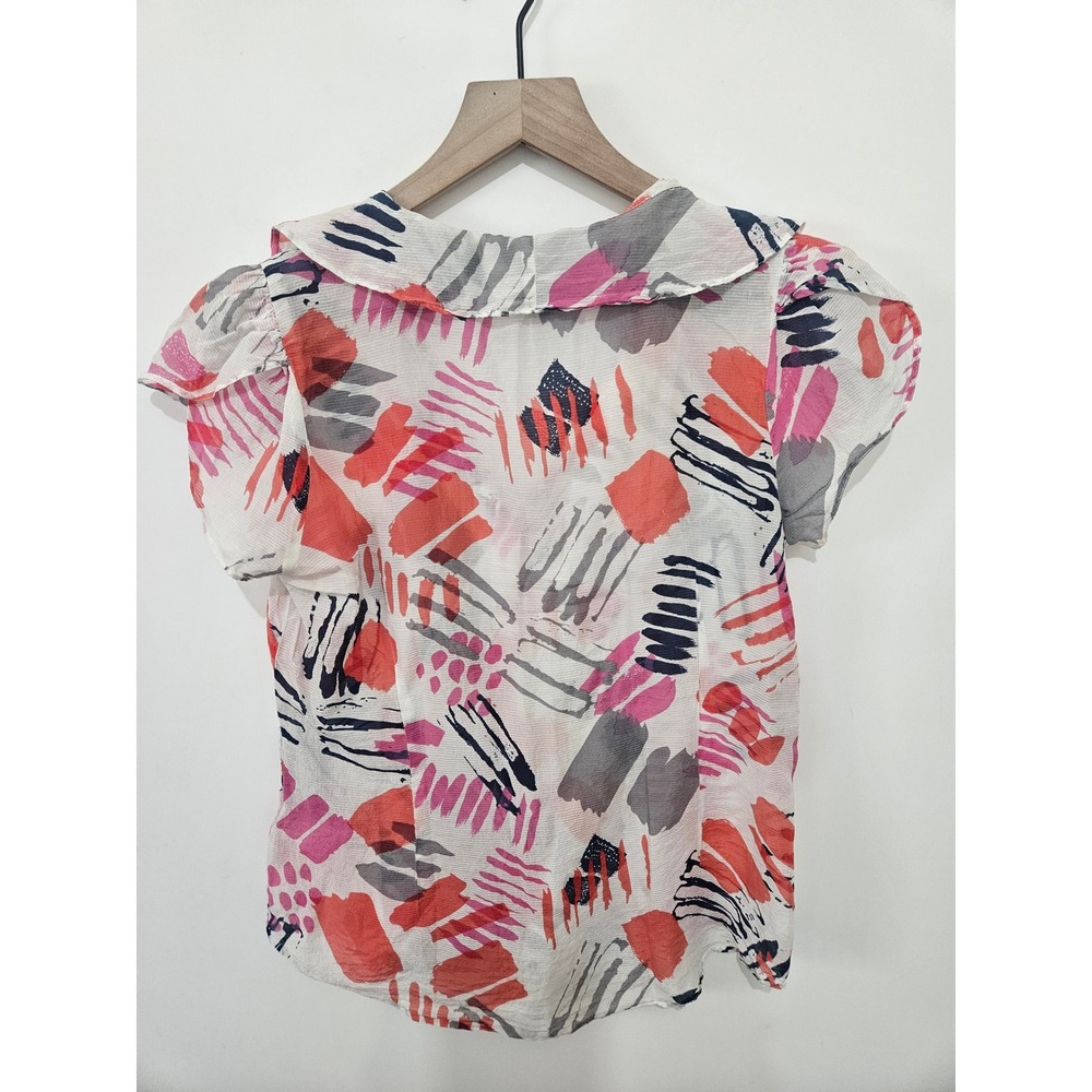 Banana Republic Silk Blend Abstract Print Ruffle Blouse Coral Pink Grey Medium - Picture 5 of 5